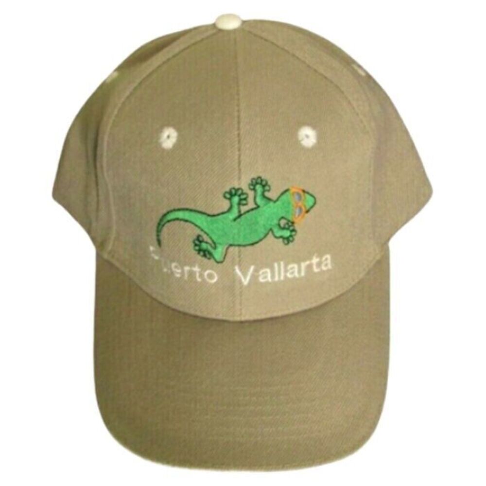 Puerto Vallarta Baseball Cap NEW Beige Cotton Green Embroidered Gecko Hat - Picture 2 of 6